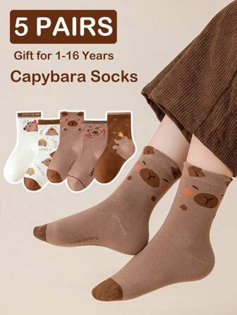 5双可爱水豚儿童袜子 | 可爱水豚中筒袜 | 四季穿搭 | 迎婴派对礼物 | 学校袜子 | 儿童旅行必备 | 开学第一天