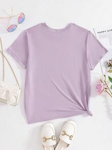 少女风格泰迪熊印花短袖柔软T恤，夏季休闲街头服饰，女童上衣 - 紫色 - 查看 3