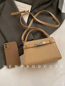 low tea 新款夏季荔枝纹女士手提包，时尚可调节肩带斜挎包，简约纯色高端金属装饰单肩通勤包 - 卡其色 - 查看 4