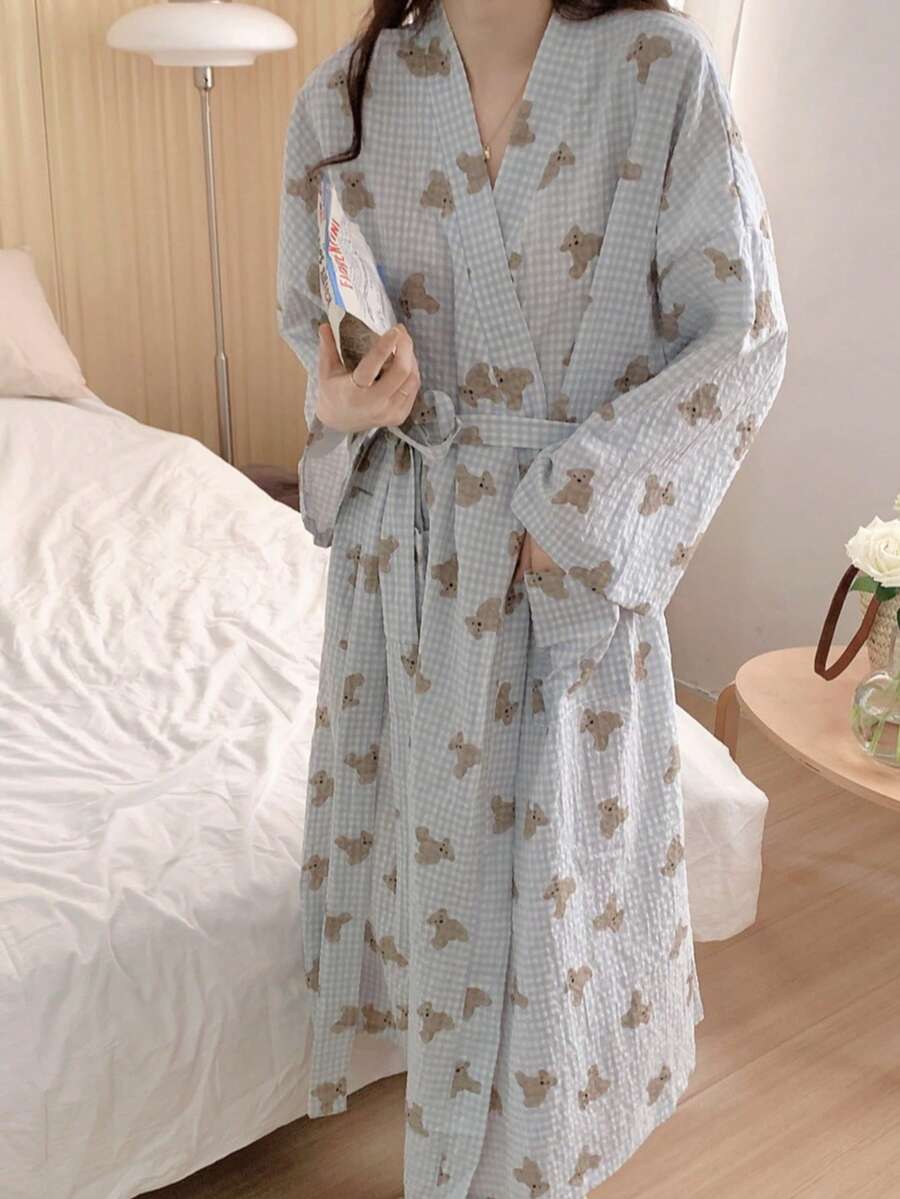 1pc Women's Robe, European & American Style Simple Long Sleeve Bathrobe, Sweet And Cute Bear Pattern, Thin Solid Color Sleepwear, Loungewear, Spring/Autumn - Baby Blue - View 1