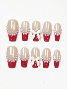 10pcs Pure Handmade Medium Size Press-On Nails Almond, Simple Style Nails, White Nails French Tip Nails, Three-Dimensional Pearl Bow Nail Decorations, Mother-Of-Pearl Threaded Nail Adhesive, Gel Nail Sets, Spring Nails, Summer Nails, Fake Nails For All Occasions With Clothes To Use, Nail Art, 2025 New Nails, Nails Press On, European And American Nails, Modern Japanese Nails - Red - View 30