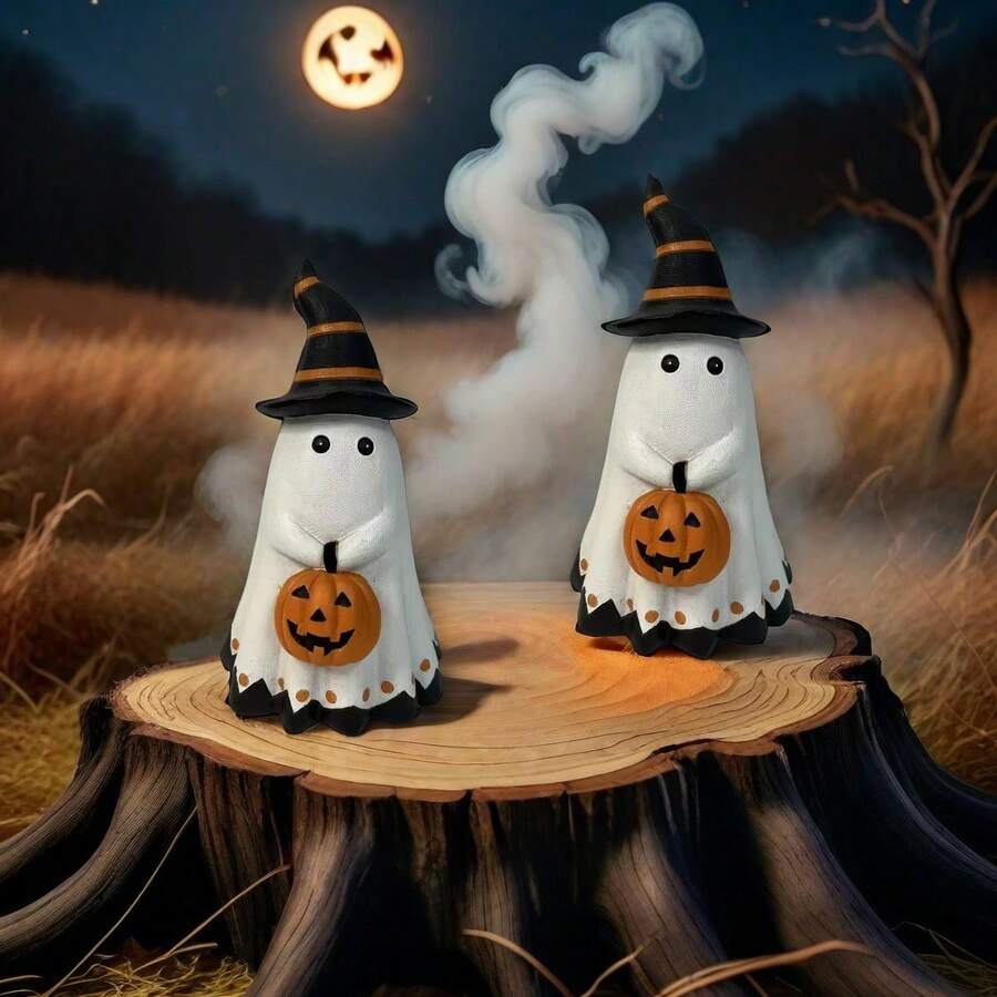 1PC Resin Pumpkin Ghost Small Sculpture Model Ornament, Retro Homestay And Home Decoration Accessories, Suitable For Living Rooms, Offices, Study Rooms, Dining Tables, Desktop Festive Atmosphere Handicrafts, Kawaii Party Decoration Ornaments Halloween Decor Fall Decor Room Decor - White - View 1