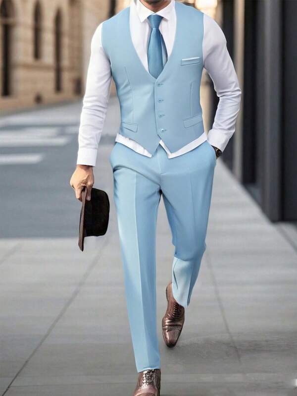 2pcs Men's Casual Solid Color Business Waistcoat & Suit Pants Set