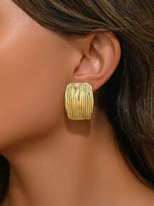1 对不锈钢方形竖条纹几何夸张耳环，欧美复古高端奢华别致时尚耳环 - 金色 - 查看 2