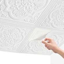 Ceiling Tiles 3D Wall Panels Foam Peel And Stick 16 Pcs Waterproof Ceiling Tiles Foam Covered 21 Sq.Ft Easy To Install For Ceilings And Wall Decor 13.8 X 13.8 Inch - 白色 - 查看 4