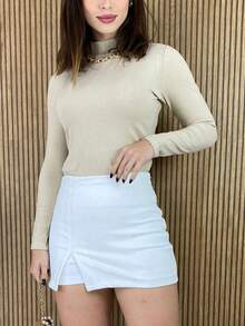 Women's Long Sleeve Blouse With Simple High Neck - Champagne - View 2