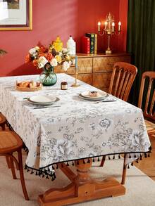 1 件复古黑白花卉流苏桌布，用于咖啡桌、床头柜、家居装饰的装饰罩，适用于餐厅、聚会、晚餐、节日派对、宴会、野餐和露营，四季皆宜