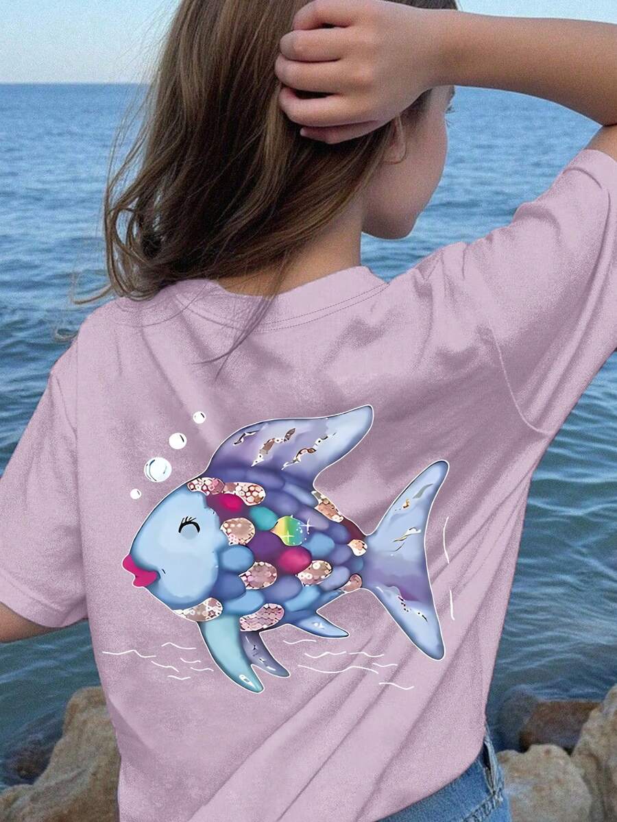1PC Girls Ocean - Cute Cartoon Fish Print Short Sleeve T - Shirt, Soft & Breathable, Summer Daily Casual Wear - Purple - View 1