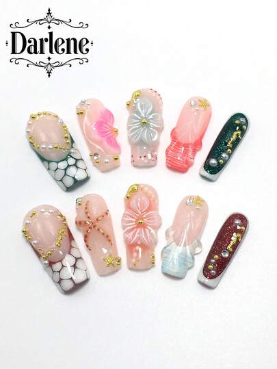 Each Set Consists Of 10 Pieces Of Y2K Square Handmade Pressed Three-Dimensional Small Flowers, With Three-Dimensional Carvings In Nude, White, And Brown Colors. 3 Sizes Suitable For Summer Nail Art, Suitable For Parties, Dances, And Daily Wear. Comes With A Nail Art Kit Press On Nails Nail Supplies Nails