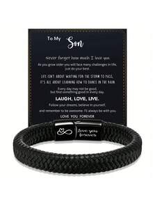 To My Son Inspirational Bracelet Gift From Mom Dad Always Remember You Are Braver Braided Leather Bracelet For Teen Boy From Mother, Adjustable,To Son Gift, Christmas Gift - Black - View 2