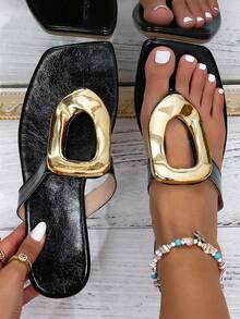 planare 女士时尚休闲度假风格方头 PU 一脚蹬舒适夏季黑色凉鞋，女士平底凉鞋 - 黑色 - 查看 3