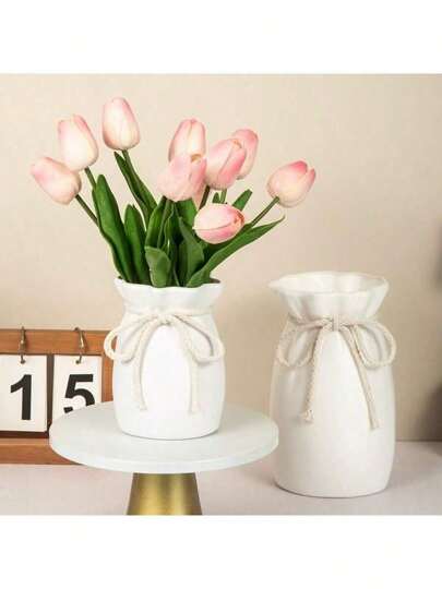 1pc Bohemian ative Vase, Cylindrical Plastic Vase Burlap Bow, Moderne Aesthetic Room St. Patrick's Day Easter, Home Centerpiece, Wedding ation (Plastic Material, Exterior Can Be Cleaned) Flower Glass view 2