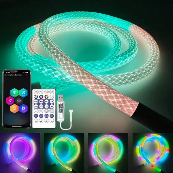 [Tira de luz LED de malla circular de 360 grados] 1 pieza de tira de luz de neón LED con tema espacial alimentada por USB con control remoto, patrón de malla circular de 360 grados, multicolor RGB+IC, luz flexible de cuerda de silicona para fiesta de Navidad DIY