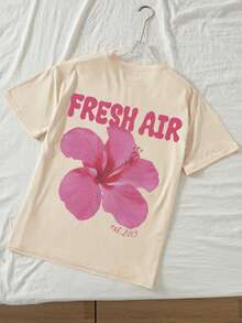 T-shirt oversize pour filles, imprimé avec slogan "AIR FRAIS" et fleur d'hibiscus, accent rétro "Est.2013", coupe ample et décontractée. Idéal pour les vacances à la plage, la rentrée scolaire, les loisirs quotidiens, les tenues d'été - Nude - Voir 3