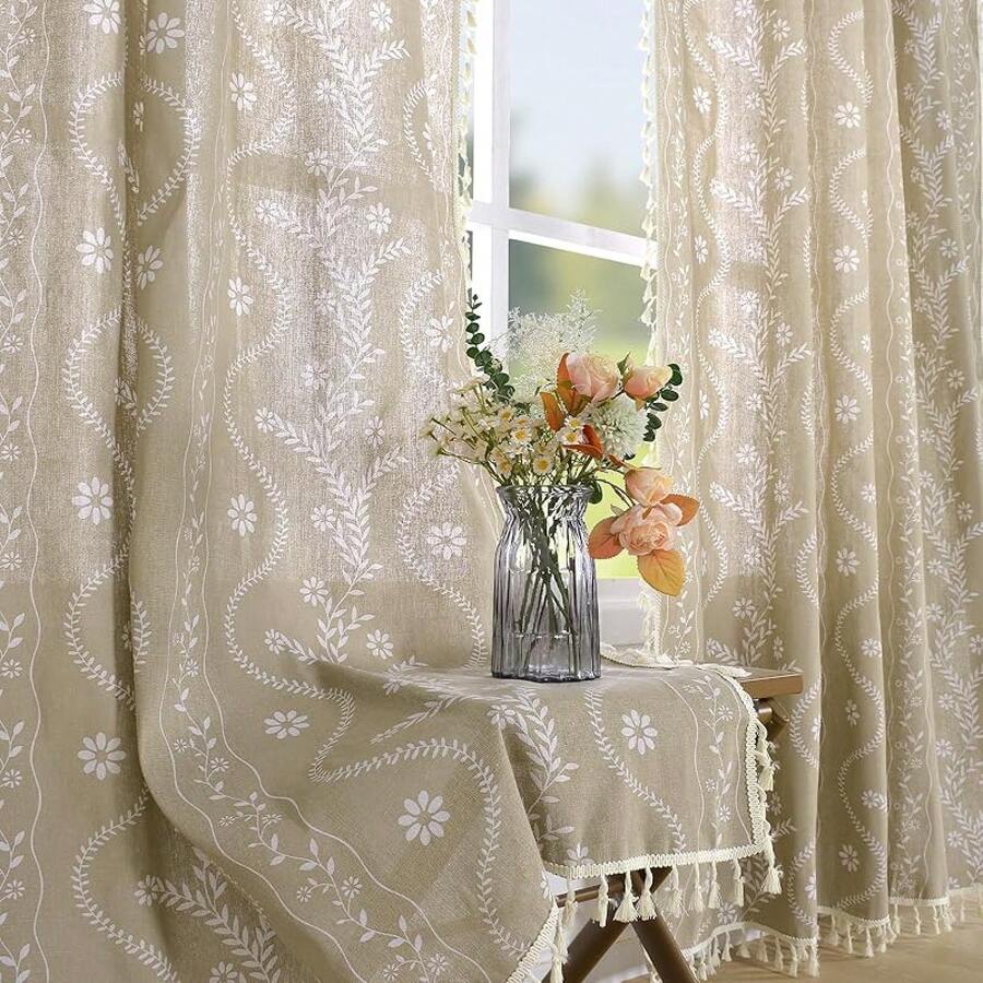 84 Inch Length Boho Farmhouse Curtains Living Room 2 Panels, Linen Semi Sheer Vintage Printed Floral Orange Rustic Curtain Drapes, Terracotta - Tan - 查看 1