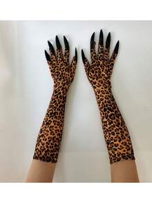 1pc Halloween Long Claw Gloves, Elastic Sexy Leopard Print Prop Gloves For Performance