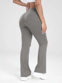 3-Pack Women's Flare Leg Yoga Pants - High-Waisted Cross Waistband, Smooth Stretchy Knit Fabric - All-Season Sports Leggings | Tummy Control | Butt Lifting Design - 黑黑灰 - 查看 2