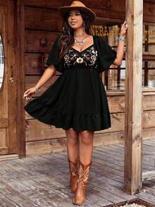 Boho Style Embroidered Square Collar Ruffle Sleeve Women Short Dress - Black - View 2