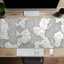 巨猫设计游戏鼠标垫|防滑橡胶底座|缝合边缘|多功能桌垫，适用于键盘和鼠标|非常适合家庭办公室和游戏设置，游戏桌配件|卡通猫印花|橡胶鼠标垫，游戏鼠标垫，学校用品，返校 - 灰色 - 查看 2