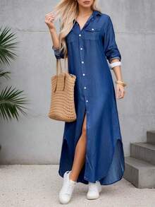 Women's New Button Front Loose Denim Shirt Dress, Denim Long Shirt With Pockets, Machine Washable, Comfortable Fit, Summer Outfits For Women - Màu xanh lam - Xem 3