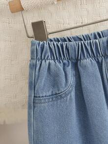 2 件套幼儿女童甜美可爱彼得潘领上衣搭配简约户外休闲时尚蓝色牛仔裤，秋冬新品 - 中等水洗藍 - 查看 8