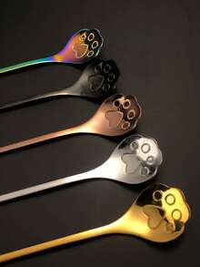 1 pièce Cuillère à café en acier inoxydable avec patte de chat porte-bonheur et visage souriant, cuillère à dessert mignonne de chat, cuillère à glace - Multicolore - Voir 5