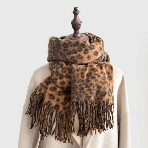 New Vintage Leopard Print Faux Cashmere Tassel Scarf, Women's Thick Warm Shawl Scarf For Winter 2025 New Y2K Bombshell