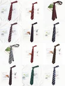 1 Pc Men's Casual Striped Polyester Necktie, Suitable For Formal And Business, Burgundy & Navy Stripe - Multicolor - View 6