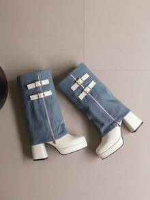 Sexy Plateau Dicksohlen Stiefel für kleine Frauen, wasserdichte Klotz Absatz Stiefel bis zur Wade, Patchwork High Heel Skinny Jeans Stiefel - Blau - Übersicht 6