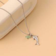 1pc Women's Stainless Steel Beach & Ocean Themed Shark Pendant Necklace With Natural Stone, Simple Everyday Necklace