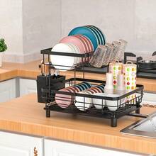 2-Tier Heavy-Duty Metal Dish Drying Rack With Drainboard - Large Capacity Dish Drainer Organizer, Utensil & Cup Holder, -Standing Space-Saving Kitchen Rack Small Apartments, Painted Durability - Black - View 9