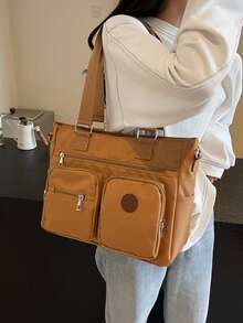 Nuevo bolso de mujer tipo tote de gran capacidad, estilo retro, de unicolor, versátil y elegante, bolso de hombro casual y simple, con correa de hombro ajustable, adecuado para salir, citas, compras y uso diario. - Marrón - Ver 6