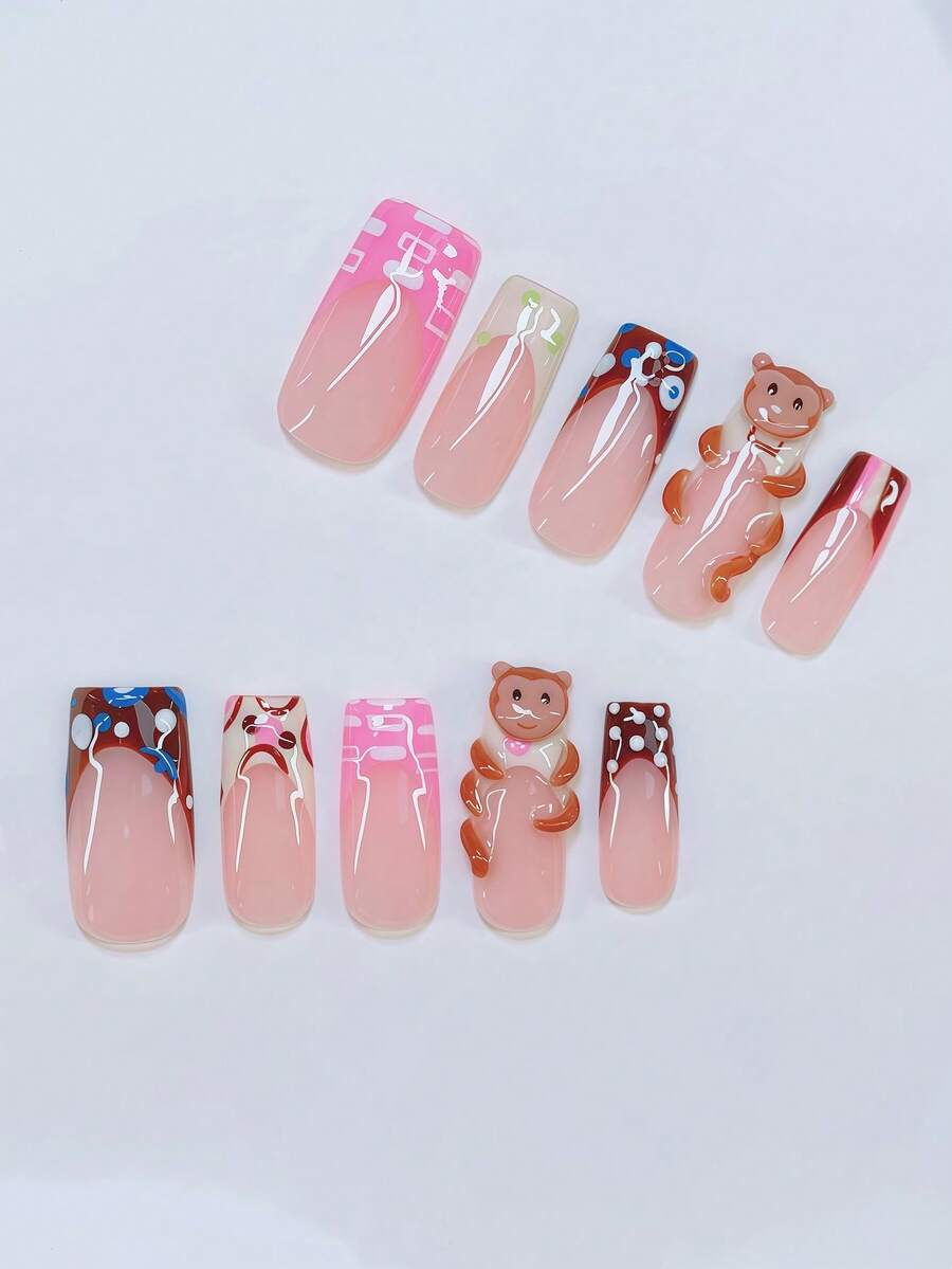 10 件 Y2K Nails 管状按压式指甲套装 - 手工制作，黄色指甲，黄色法式尖头款式，手工 3D 猴子和手工 3D 香蕉图案，手绘彩色图案设计 - 适合女士和女孩，派对、婚礼、日常佩戴，包含工具包。手工假指甲。短指甲。猴子指甲。方形指甲。手工按压式指甲。假指甲。美甲用品。（猴子为手工制作，因此每只可能不完全相同。）美甲用品 美甲 - 彩色 - 查看 1