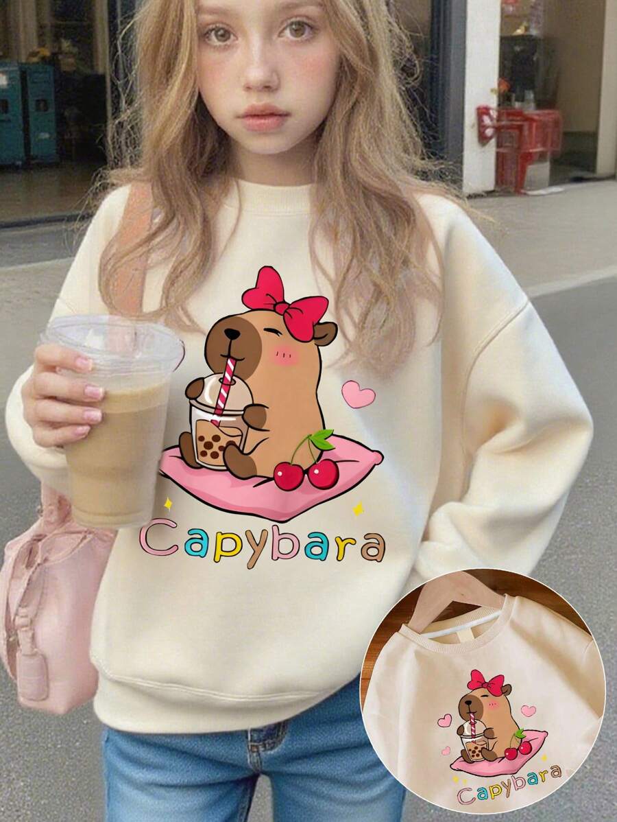 Suéter de cuello redondo de manga larga con estampado de "Capibara" para niña preadolescente, otoño/invierno - Albaricoque - Ver 1