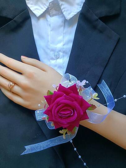 Luxury Vintage-Style Artificial Rose Wrist Corsage For Bride/Bridesmaids, Boutonniere For Groom/Groomsmen Wedding