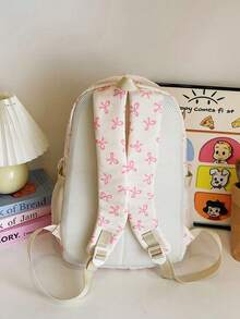 3 件套尼龙蝴蝶结印花背包套装，可折叠多口袋大容量防水拉链背包适合青少年、高中生、大学生、女士、日常使用、通勤、旅行、情人节礼物 - 粉色 - 查看 4