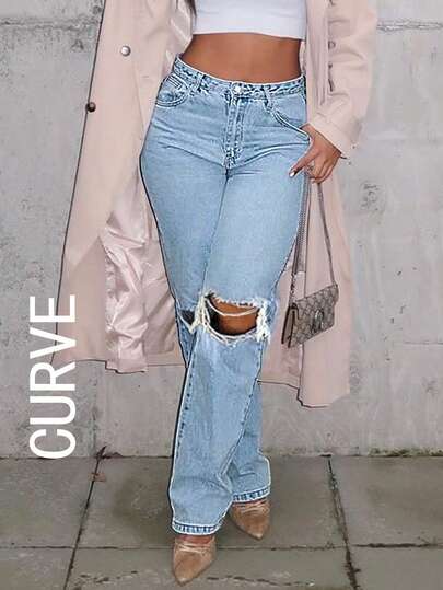 PLUS SIZE Y2k Knee Hole Slim Straight Tapered Jeans Mom Denim Jeans Casual Spring