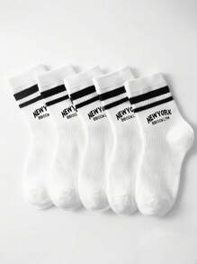 5pairs/Pack Two Stripes Letter Sport Mid-Calf Socks For Kids, Suitable For Daily Wear