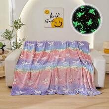 1 件粉色毛绒边单层夜光小马和星星图案毛毯，柔软亲肤的床用毛毯，多功能盖毯，适用于客厅沙发、卧室