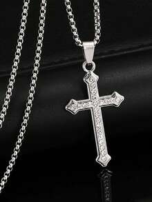 1 件简约水钻镶嵌十字架不锈钢项链，长款多层项链，适合日常佩戴，男女通用