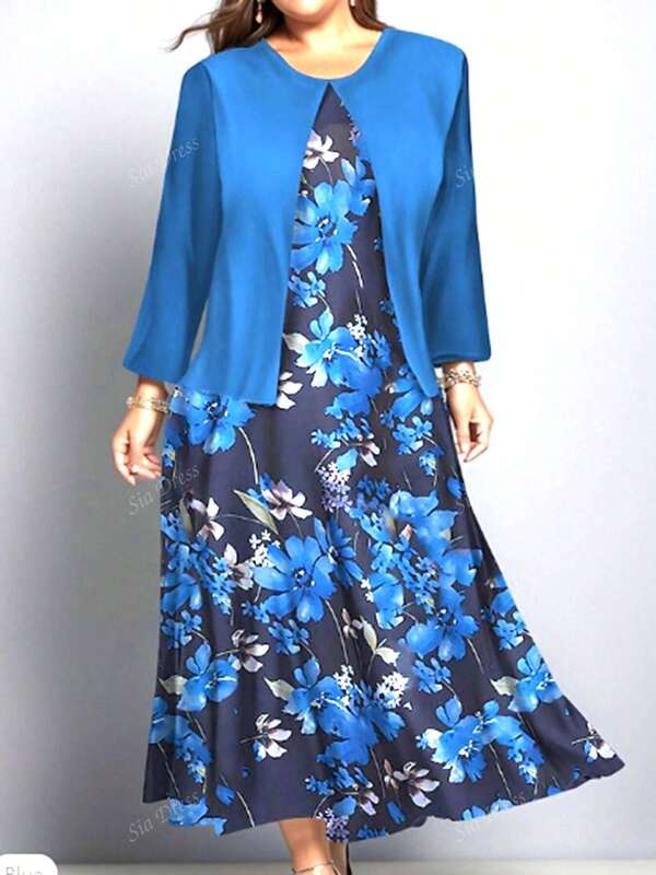 2pcs/Set Plus Size Women Floral Print Sleeveless Dress And Cardigan Set, Suitable For Spring And Autumn