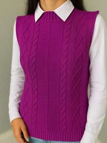 Women's Knitted Vest Braid Max Vest Overlay Knit Fashion Blogger - 玫瑰紅 - 查看 2