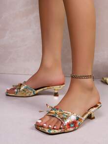 Soft Leather Square-Toe Wide-Foot Slip-On Sandals, Kitten Heel T-Strap Versatile Slim Flip-Flops For Women - Multicolor - View 4