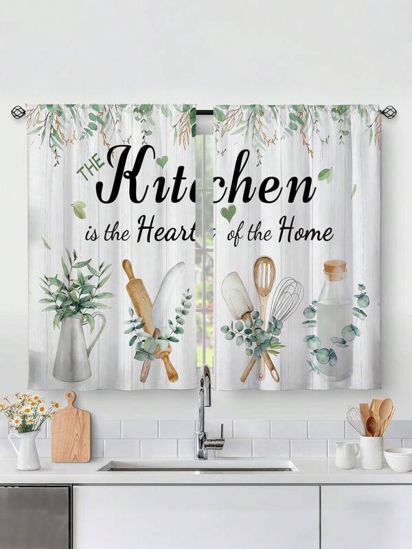 2pcs Plants Print Kitchen Curtains,Without Holes Curtain,Short Curtains,Refer To Bedroom Office Kitchen Living Room Study Home Decor