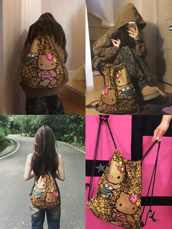 Hello Kitty 美式复古背包 2024 新款大容量抽绳豹纹背包多功能休闲包，学院风上学背包，便携旅行包，适合节日海滩度假用品，夏季旅行必备，适合前往医院、宿舍、学校、度假酒店，旅行必备物品。