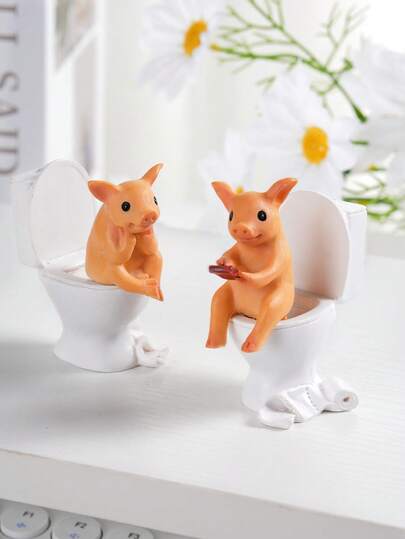 1pc/2pcs Mini Pig Toilet Decorative Ornaments, Resin Sitting Pig Playing On Phone Figurines, Cute Pig Desktop Decoration For Office, Home, Dining Room