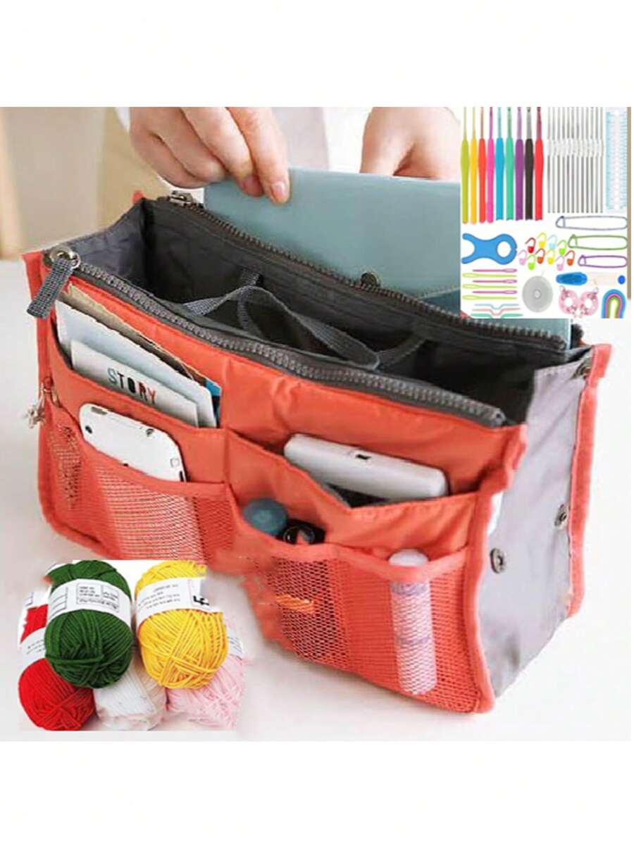 57pcs Crochet Kit, Multi-Color Set, DIY Yarn Kit For Beginners, Portable Tote Makeup Bag With Dual Zippers, Thick Toiletry Organizer Pouch, Multi-Function Cable Organizer Bag (Accessories In Random Colors)