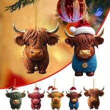2D Flat, 5PCS Highland Cow Christmas Ornament - Cute Acrylic Cow Theme Tree Ornament To Add Joy To The Holidays - 5件套 - 查看 2