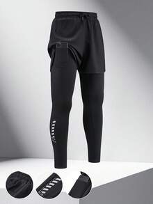 男士 1 套弹力速干运动裤，透气健身紧身裤，带手机口袋，双层面料抽绳腰部，适合跑步、慢跑、健身房训练、秋季 - 黑色 - 查看 1