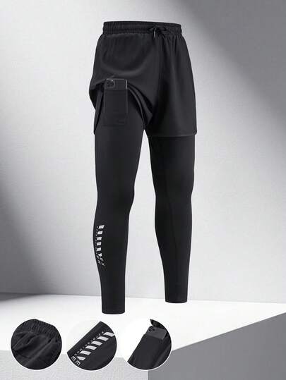 Men 1set Elastic Quick-Dry Sports Pants, Breathable Fitness Workout Leggings With Phone Pocket, Dual-Layer Fabric Drawstring Waist, Suitable For Running, Jogging, Gym Training, Fall